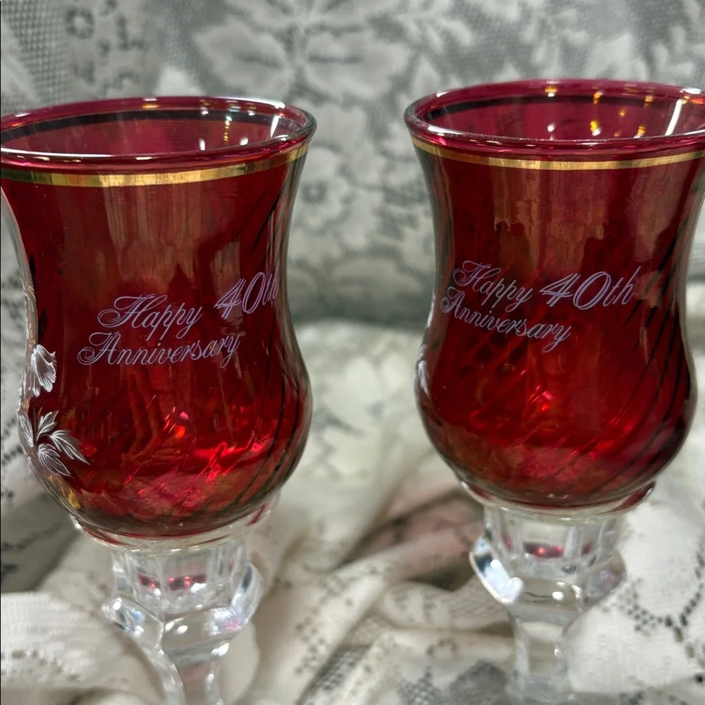 Vintage Ruby luminous crystal glass set with gold trim and floral accents